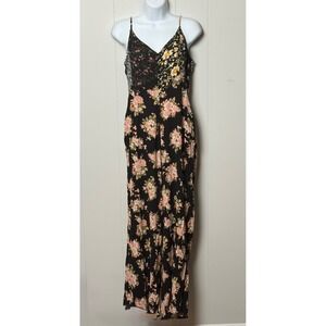 American Eagle Womens Floral Patchwork Jumpsuit Black Pink Wide Leg Viscose Sz L